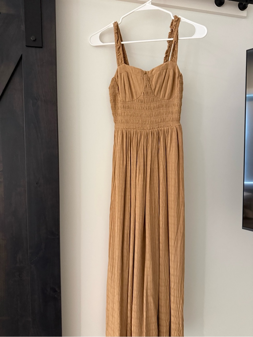 American Eagle Outfitters Tan Smocked Midi Dress